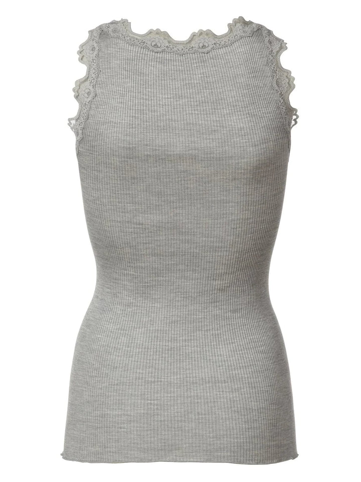 Babette Classic Silk Top With Lace - Light Grey