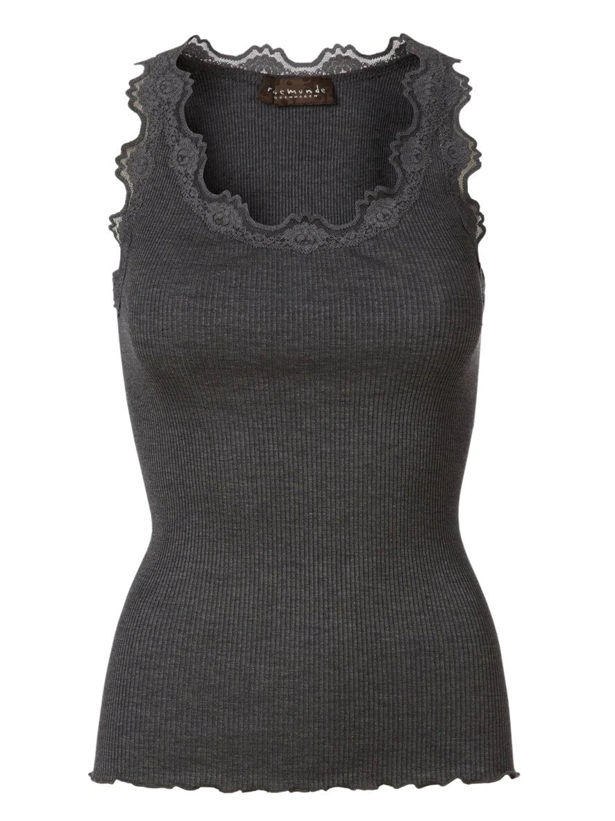 Babette Classic Silk Top With Lace - Dark Grey