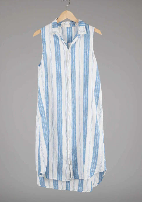 Mara Sleeveless Dress in White With Blue Stripes